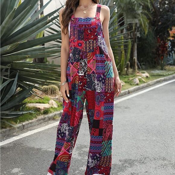 Women's Jumpsuit Loose Colorblock Wide Leg Overall - Picture 3 of 4